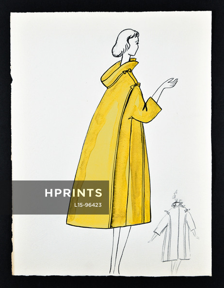 Bassia 1956 Original Fashion Drawing, Yellow Coat