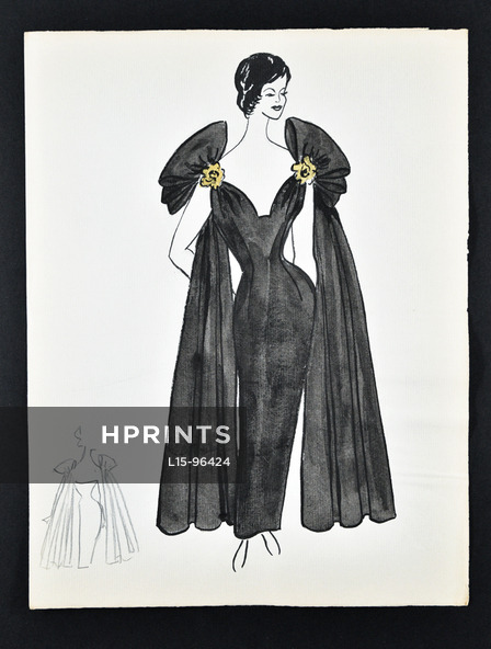 Bassia 1960 Original Fashion Drawing, Black Evening Dress