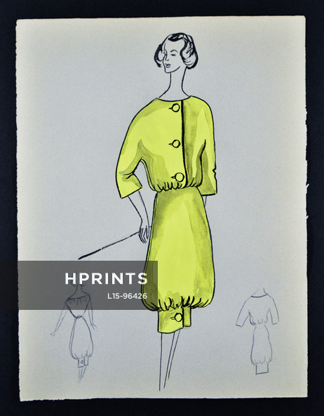 Bassia 1956 Original Fashion Drawing, Yellow Dress