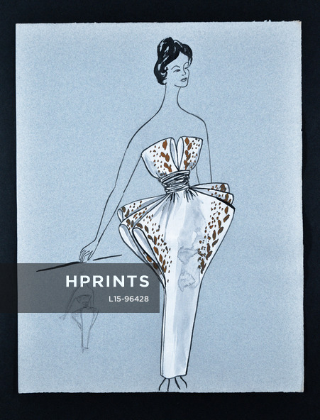 Bassia 1960 Original Fashion Drawing, White Strapless Evening Dress