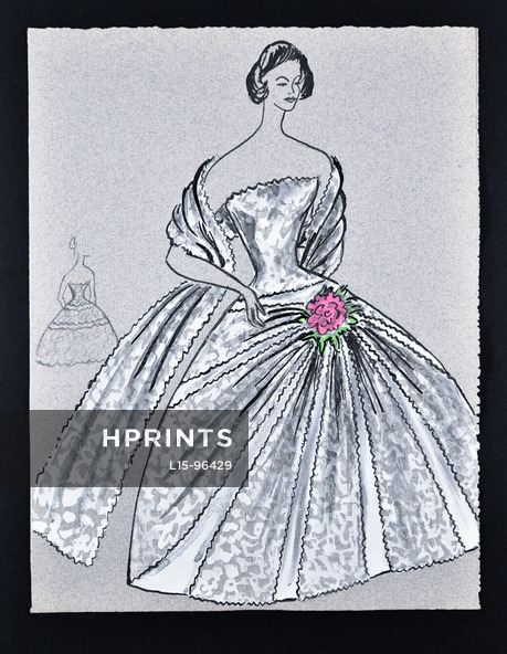 Bassia 1960 Original Fashion Drawing, White Evening Gown