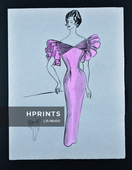 Bassia 1960 Original Fashion Drawing, Pink Evening Dress