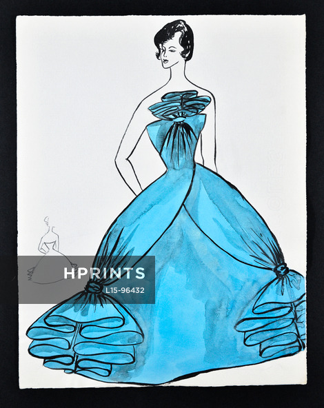 Bassia 1960 Original Fashion Drawing, Blue Evening Dress