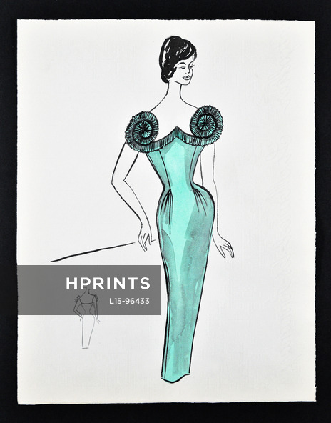 Bassia 1960 Original Fashion Drawing, Turquoise Evening Dress