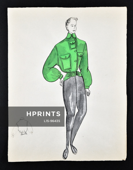 Bassia 1960 Original Fashion Drawing, Green Jacket, Grey Trousers