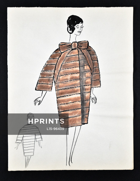 Bassia 1960 Original Fashion Drawing, Brown Coat