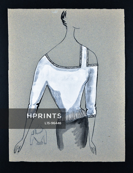 Bassia 1960 Original Fashion Drawing, White Knitwear