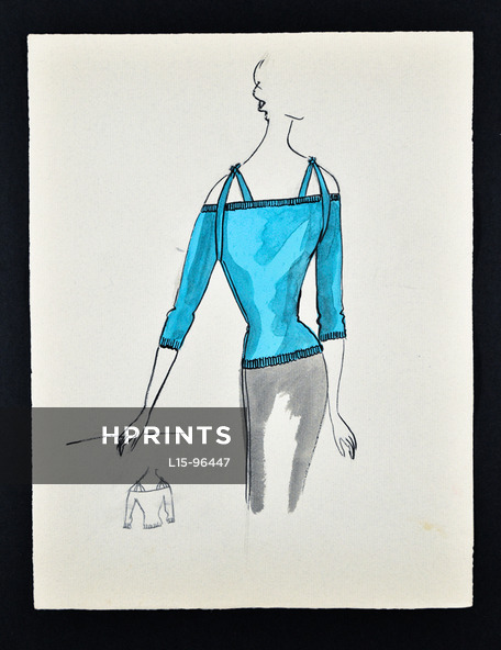 Bassia 1960 Original Fashion Drawing, Turquoise Knitwear