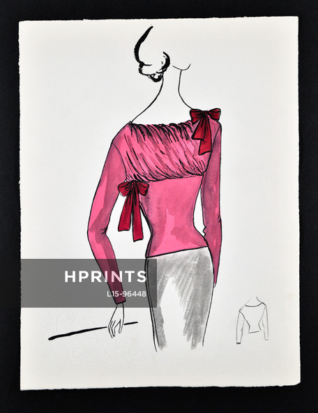 Bassia 1960 Original Fashion Drawing, Pink Blouse