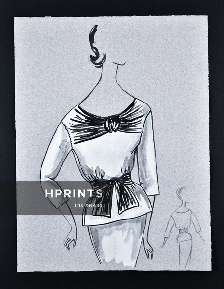 Bassia 1960 Original Fashion Drawing, White Blouse