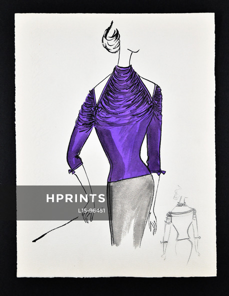 Bassia 1960 Original Fashion Drawing, Blue Purple Knitwear