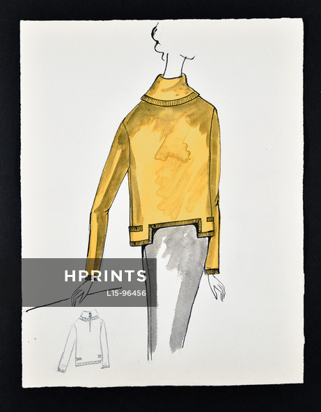 Bassia 1960 Original Fashion Drawing, Yellow Knitwear