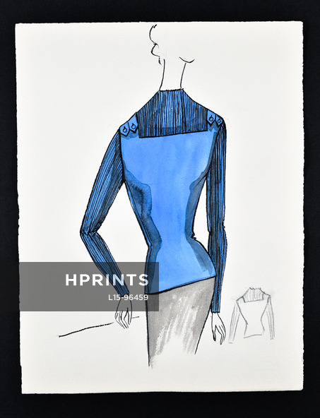 Bassia 1960 Original Fashion Drawing, Blue Knitwear