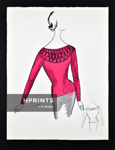 Bassia 1960 Original Fashion Drawing, Fuchsia Knitwear
