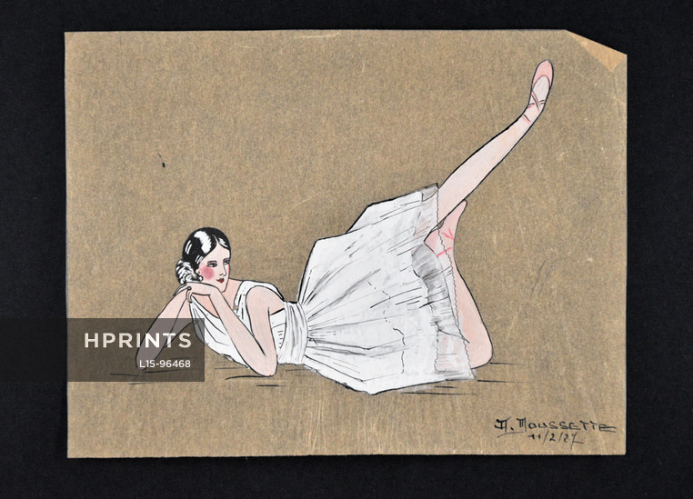 A. Moussette 1927 Ballerina, Original Fashion Drawing, Gouache on thin tracing paper