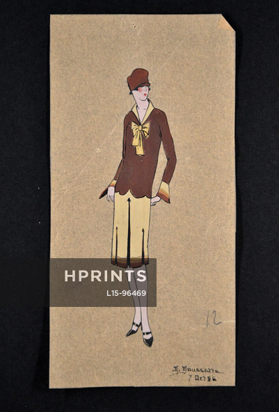 A. Moussette 1926 Original Fashion Drawing, Gouache on thin tracing paper