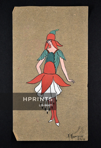 A. Moussette 1926 Original Costume Design, Carnival Costume, Gouache on thin tracing paper