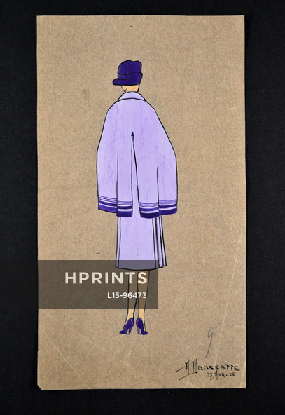 A. Moussette 1926 Original Fashion Drawing, Gouache on thin tracing paper