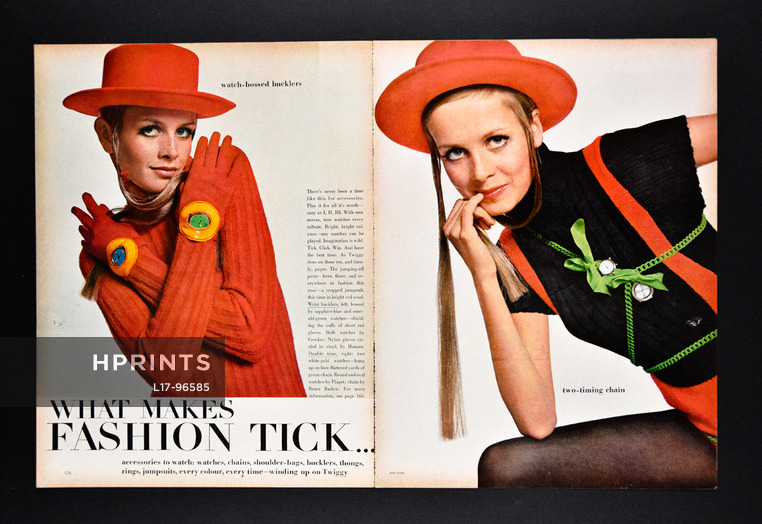 What makes fashion tick..., 1967 - Twiggy, Fashion Goods, Photos Bert Stern, Watches by Crocker, Piaget... Other pages Patek Philippe, Omega, Rolex, Louis Vuitton, Trifari, 8 pages