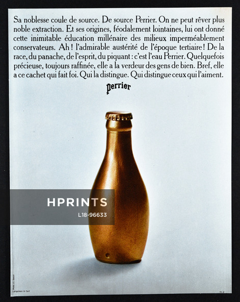 Perrier (Water) 1969 Sa Noblesse Coule de Source... Gold Bottle