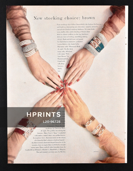 All Bracelets by Castlecliff, 1955 - Stockings by Belle-Sharmeer, Humming Bird, Christian Dior, Mary Grey, Photo Rutledge, 4 pages