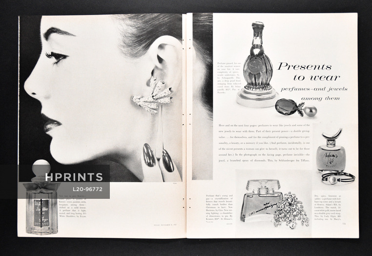 Presents to wear — perfumes and jewels among them, 1957 - Evyan, Schiaparelli, Ciro, Kramer, Lenthéric, Photos Penn and Grigsby, 6 pages