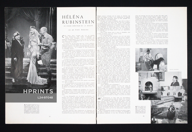 Héléna Rubinstein — Un Grand Serviteur de la Beauté, 1934 - Helena Rubinstein, Claudette Colbert, Cléopatre, Text by Eliette Desbordes, 2 pages
