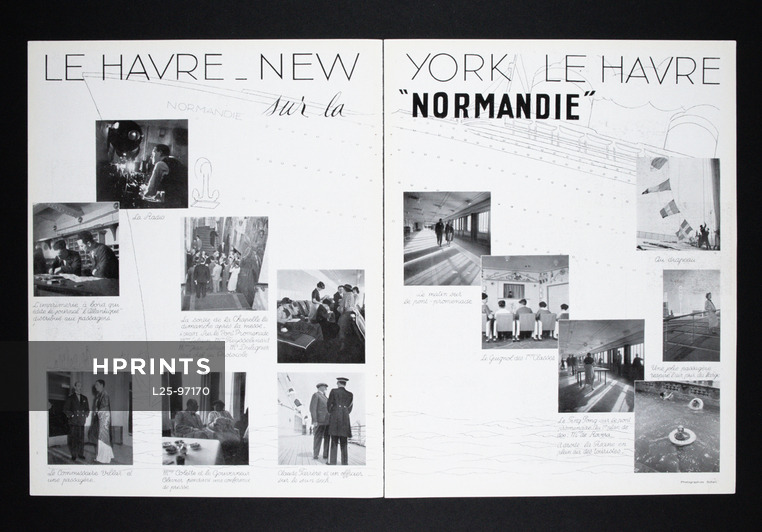 Le Havre - New York - Le Havre sur la "Normandie", 1935 - Normandie Transatlantic Liner, Photographies Schall, 4 pages