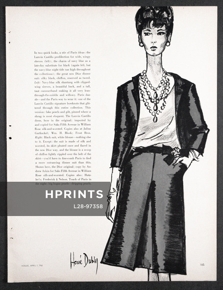 Christian Dior 1961 Hervé Dubly, Black suit white blouse, Fashion Illustration