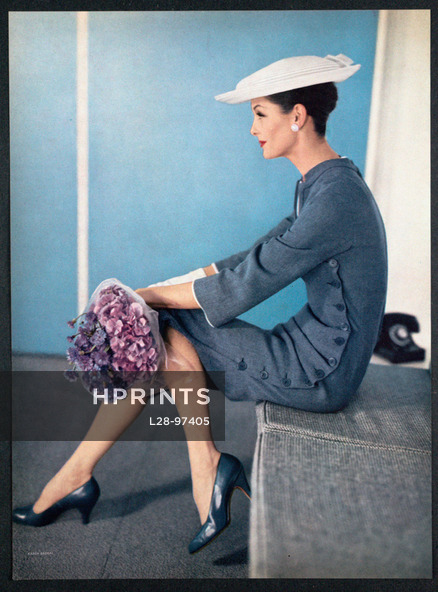 Harvey Berin (Couture) 1956 "All in blue" DeLiso Shoes, Photo Karen Radkai