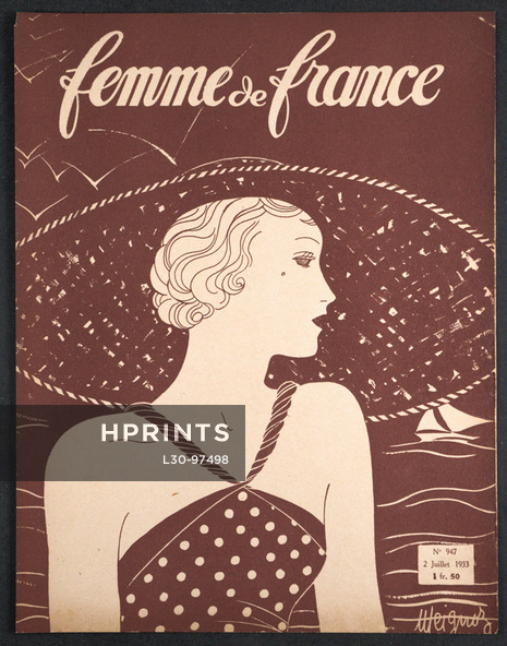 Femme de France 1933 Cover, Beachwear Large Beach Hat, Meignoz