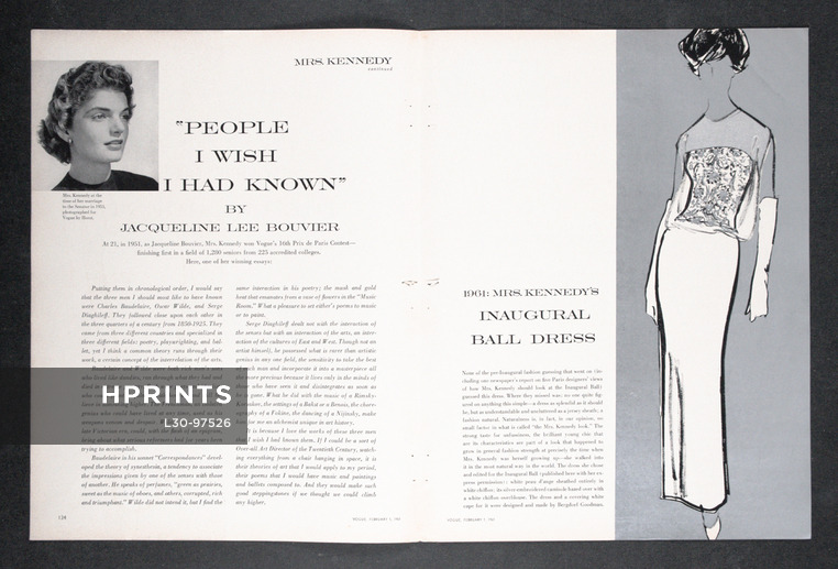 People I wish I had known, 1961 - Mrs John Kennedy, Vogue Article, Jackie Kennedy, Oleg Cassini Dresses, Portraits by Horst and Bouché, Texte par Jacqueline Lee Bouvier, 6 pages