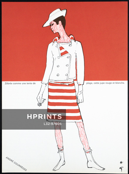 Le Style Courrèges 1965 René Gruau, Jupe zébrée rouge et blanche