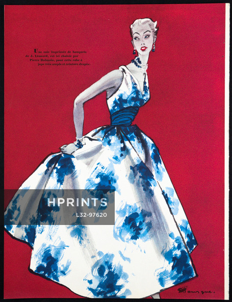 Pierre Balmain 1954 Pierre Mourgue, J. Léonard Silk, Robe en soie imprimée, Fashion Illustration