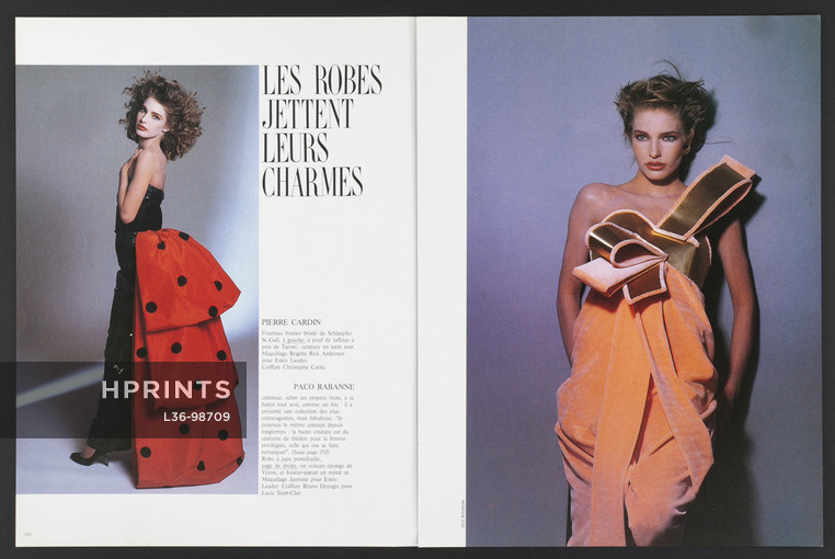 Les robes jettent leurs charmes, 1986 - Photos Guy Bourdin, Pierre Cardin, Paco Rabanne... Per Spook, Lanvin, Torrente, Valentino, Guy Laroche, 12 pages