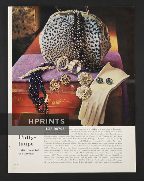 Putty-taupe with a new table of contents, 1959 - Jewels by Castlecliff, Trifari, Monet, Richelieu, Marcel Boucher, Handbag in wild cat Nettie Rosenstein
