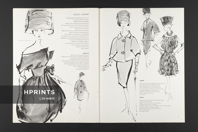 Italian Report, 1960 - Irwin Crosthwait, Capucci, De Barentzen, Fontana, Simonetta, Fabiani, Carosa, Fashion Illustration, 6 pages