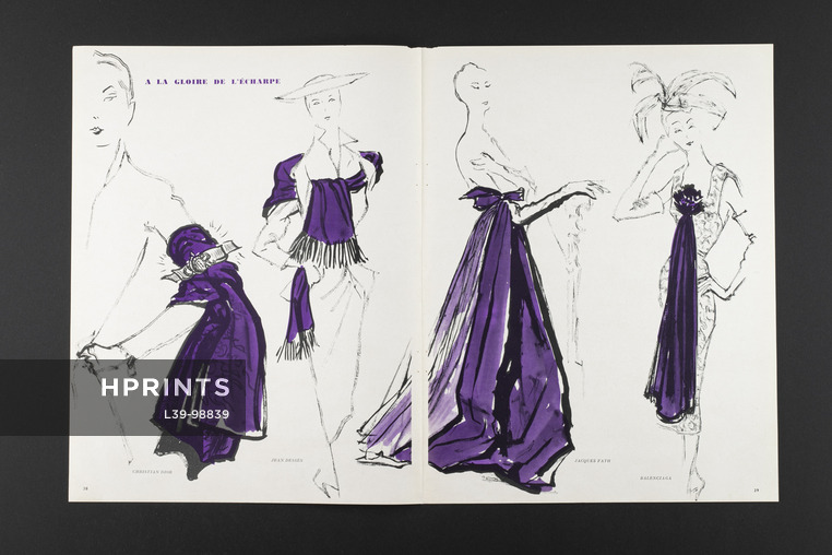À la gloire de l'écharpe, 1951 - Irwin Crosthwait, Scarves, Christian Dior, Jean Dessès, Jacques Fath, Balenciaga, 4 pages