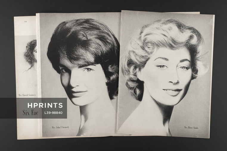 Six faces of Beauty, 1958 - Portraits by Richard Avedon, Mrs Henry Fonda, Mrs John F. Kennedy... Princess Hercolani, Drawings by Luciano Guarnieri