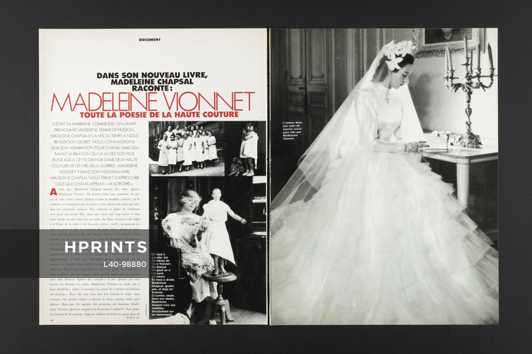 Madeleine Vionnet — Toute la poésie de la Haute Couture, 1989 - Madeleine Chapsal Auteur, Wedding Dress, Text by Danièle Mazingarbe, 3 pages