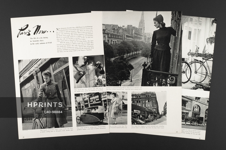 Paris Now..., 1940 - Photos Agneta Fischer World War II Robert Piguet, Suzy, Lanvin, Hermès Store, Bicycles, 4 pages