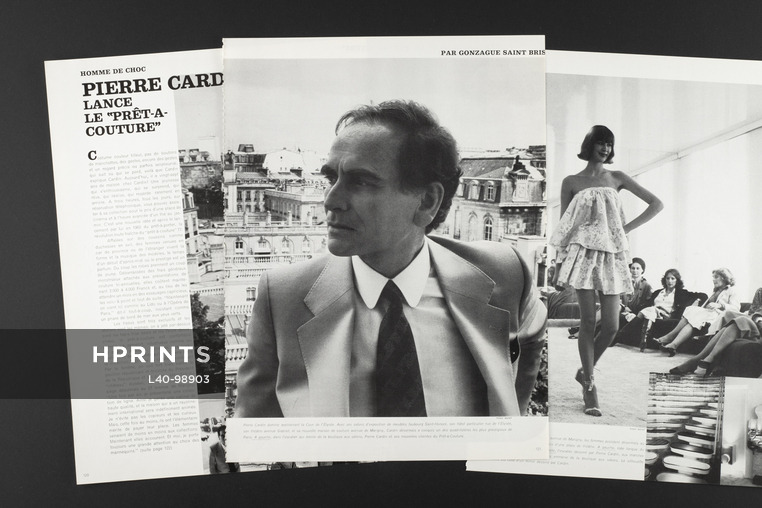 Pierre Cardin lance le "prêt-à-couture", 1977 - Photo Tony Kent, Portrait, Texte par Gonzague Saint Bris, 4 pages