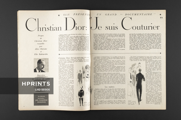 Christian Dior : Je suis Couturier, 1951 - Numéro complet, Premier des 8 articles publiés dans le magazine "Elle", Text by Christian Dior, Alice Chavane, Elie Rabourdin, 38 pages