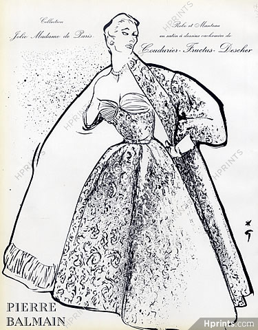 Pierre Balmain 1953 René Gruau, Coat, Back Strapless Dress