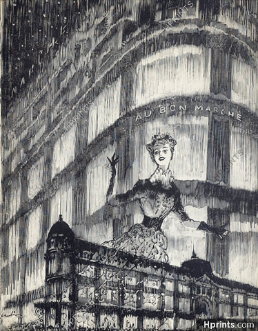 19th century illustration showing, Le Bon Marche department store