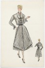 Robert Piguet (Couture) 1940s Original Fashion Drawing, Indian ink and watercolor